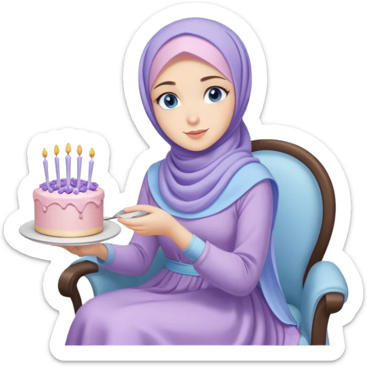 Turkish beautiful finish Konya girl blue eyes with pastel hijab long tail dress and sits on the chair and holds lavender cake with her hand  sticker