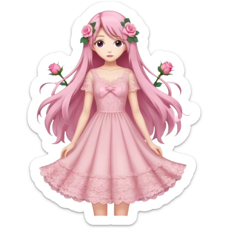 pastel anime woman with pink roses lace dress full body sticker