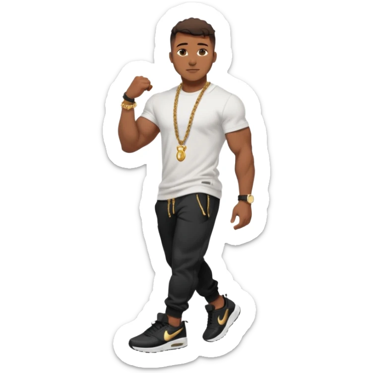 Handsome Black guy with brown skin tone, with muscular build, wearing black sweatpants, a white t-shirt, black Nike air max, a gold rope chain, and a gold watch  sticker