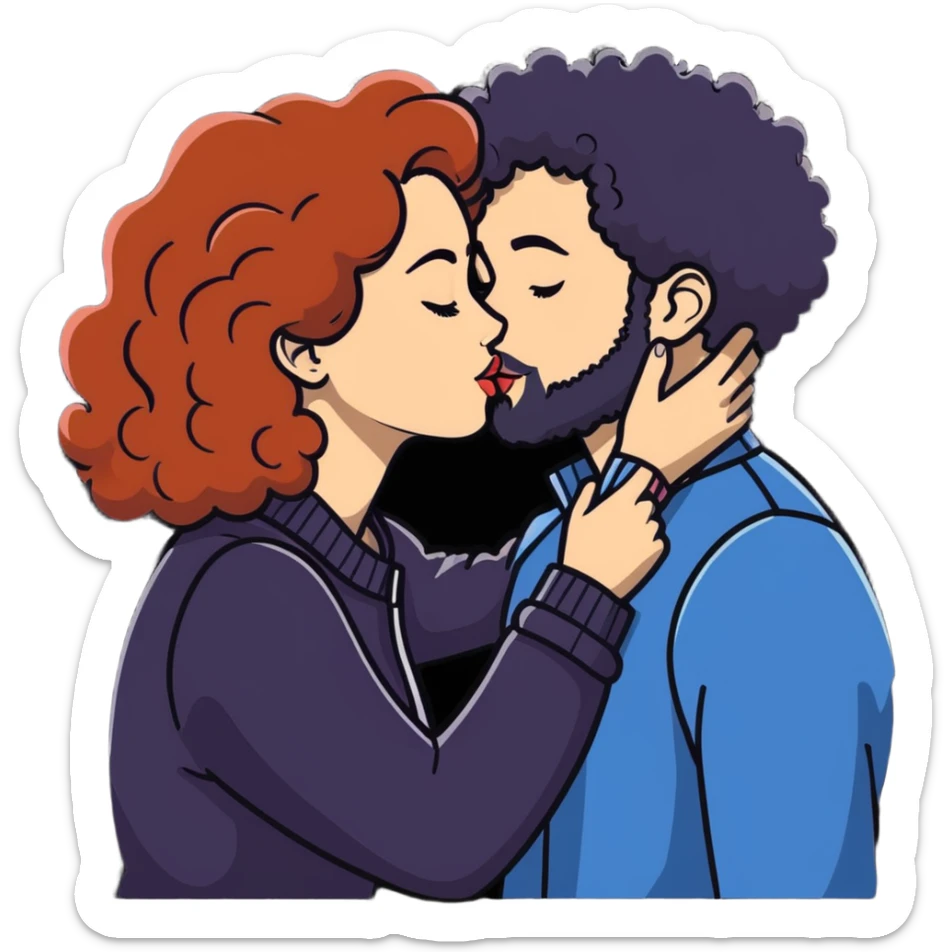 curly haired girl kissing a man with a beard, romantic couple kiss sticker