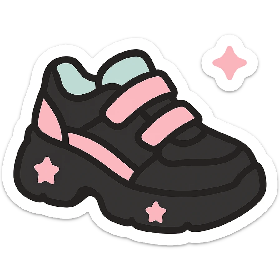 BLACKPINK-inspired gothic shoes, no hearts, black and pink, cute and stylish, kawaii style, chunky sneakers with star accents, pastel mint accents sticker