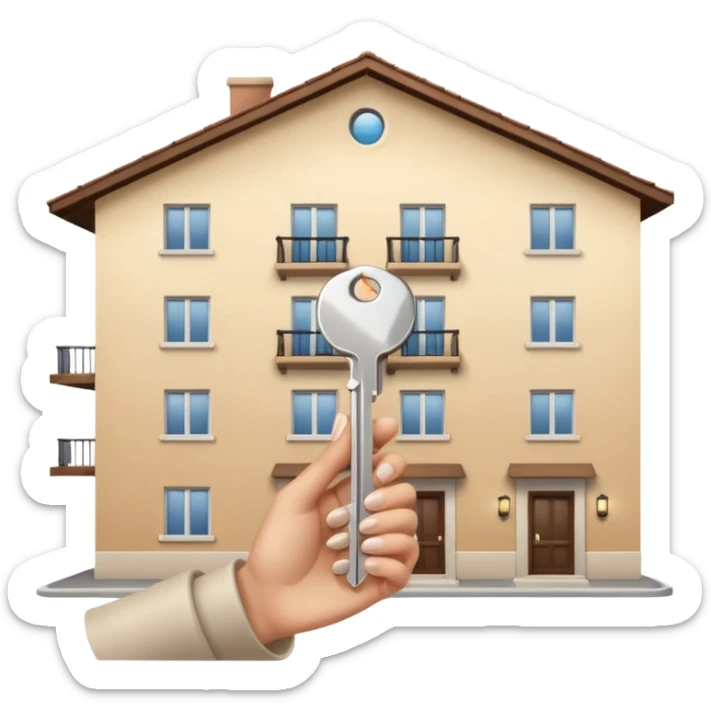 emoji de mano de mujer sujetando unas llaves con el fondo de un departamento sticker