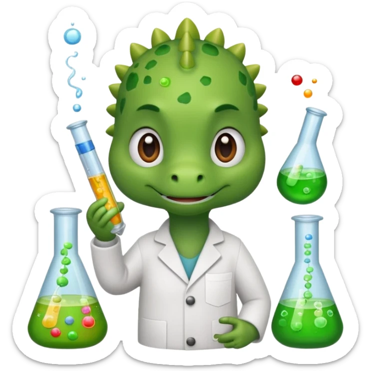 cute dinosaur holding a beaker and test tube, surrounded by chemistry and biology tools, emoji style sticker