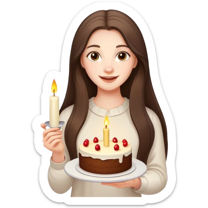 happy beautiful pale brunette girl with long hair holding a piece of cake with candle sticker