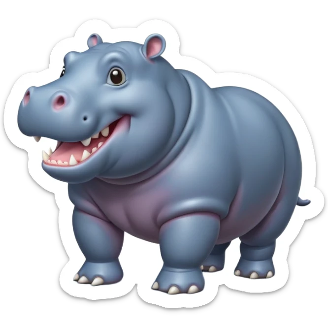 cinematic-hippo-realistic-full-body-side-view-standing-on-all-fours-emoji,-massive-round-frame,-wide-mouthed-grin-exposing-huge-teeth,-head-tilted-dramatically,-thick-greyish blue-hide-glossy, big cute eyes sticker