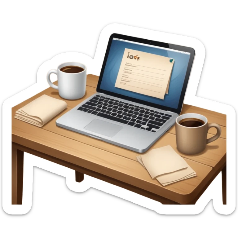 emoji of a cozy desk with a paper, a single coffee, and a laptop on it sticker