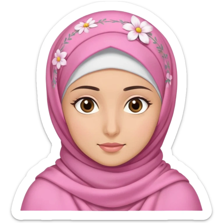 a hijabi girl wearing pink shawl, fair skin, dark brown eyes, wearing flower clips sticker