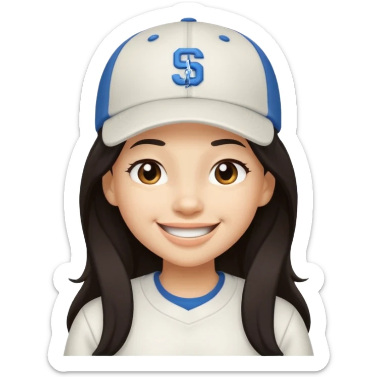 Digital illustration of a cartoon character with a big smile on its face and winking with one eye. The character has long dark hair and is wearing a white baseball cap and casual clothes. The overall style of the illustration is cute and playful. sticker