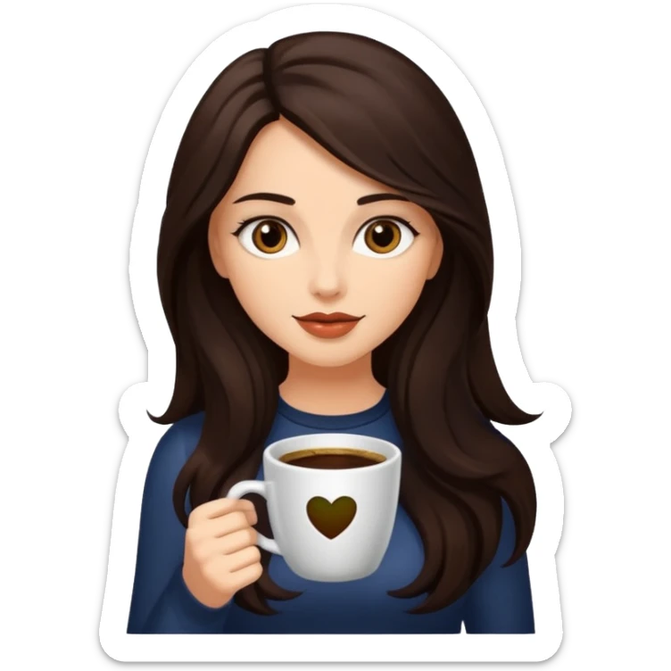 Dark Brown long haired sexy woman with dark brown eyes with cup of coffee sticker