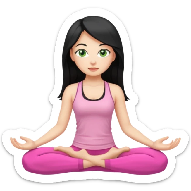 Girl with long black hair with green eyes doing yoga with pink clothes sticker