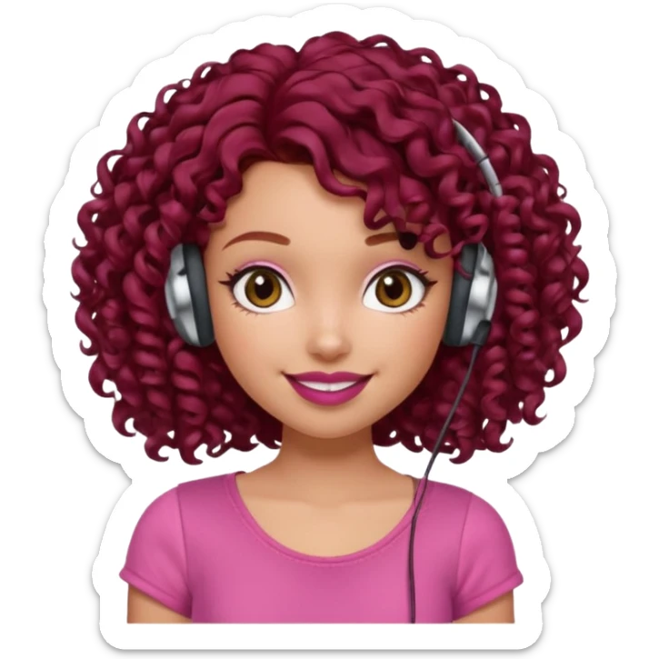 generate a pretty bratz girl curly dark red hair, brown lipstick on, wired earphones on, smiling sticker