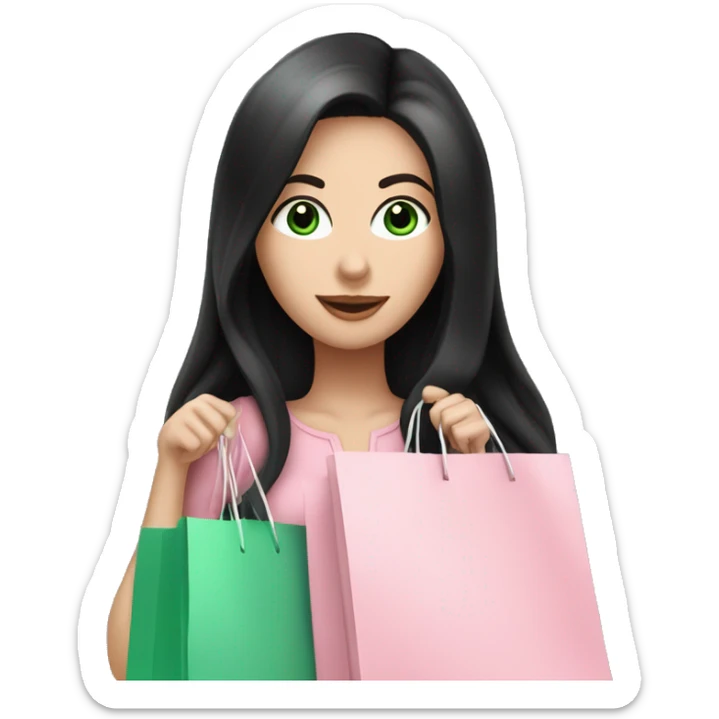 pretty white woman with very long black hair and green eyes and light pink outfit holding a ton of shopping bags sticker