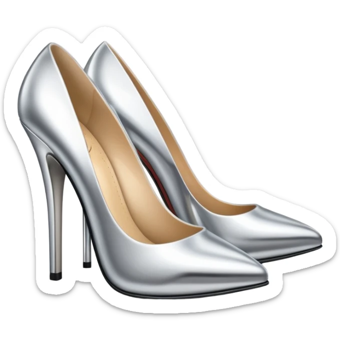 A pair of high heel shoes emoji made of polished silver chrome, elegant sharp silhouette, smooth metallic surface, glossy reflections, luxury sexy vibe, minimalistic iOS emoji style, centered, clean white background sticker