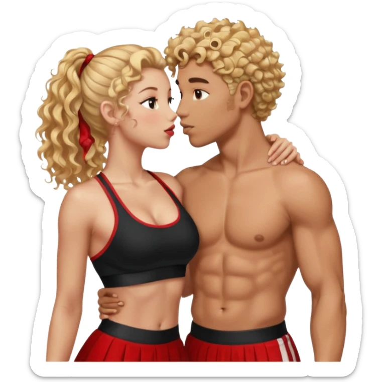 athletic man, high top fade, blonde curly hair only top only, no shirt and Athletic girl with long light red wavy long hair and black sports, Put them together kissing, or holding hands give the girl red hair and a long skirt sticker