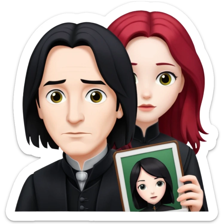 Severus Snape with black hair looking at a photo of Lily with red hair sticker