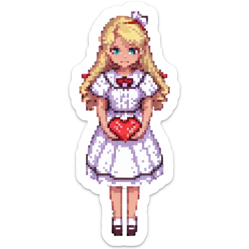 teacher with blond hair, wearing a dress, holding red hearts, white background sticker
