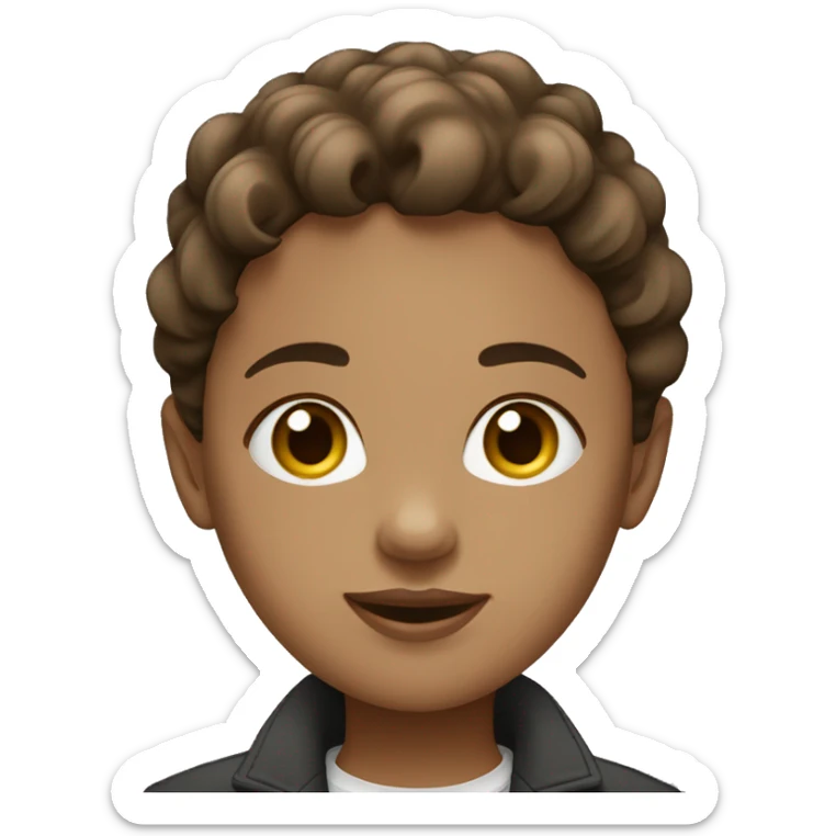 A girl wearing With brown darkish, ￼￼wavy hair, wearing a jacket sticker