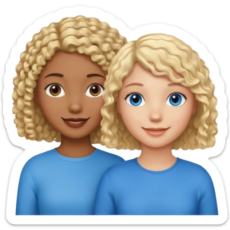 Girl best friends, one white with blond bob and blue eyes, one black with curly hair sticker