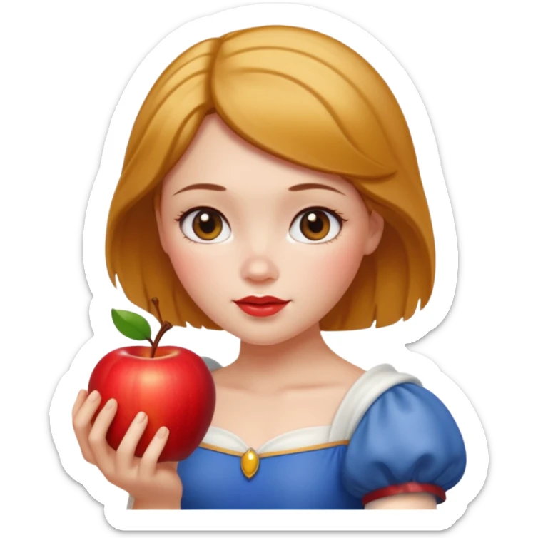 Create an emoji of Snow White holding a red apple, with short golden-brown hair. sticker