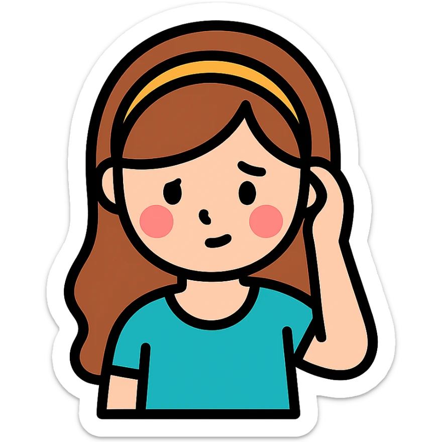 shy girl tucking her hair behind her ear, colorful outlined icon style sticker