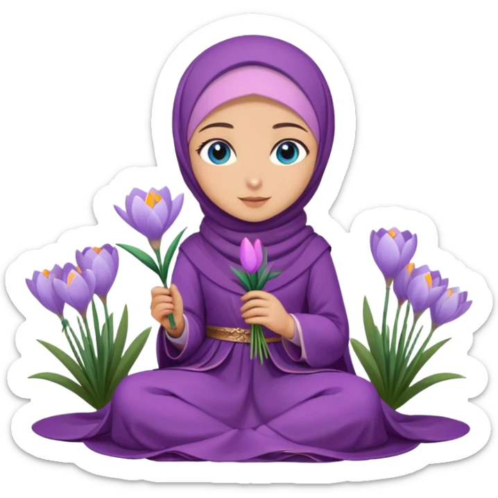 Turkish beautiful finish Konya girl blue eyes with crocus flower hijab long tail dress on the floor and hold crocus flower on hand  sticker