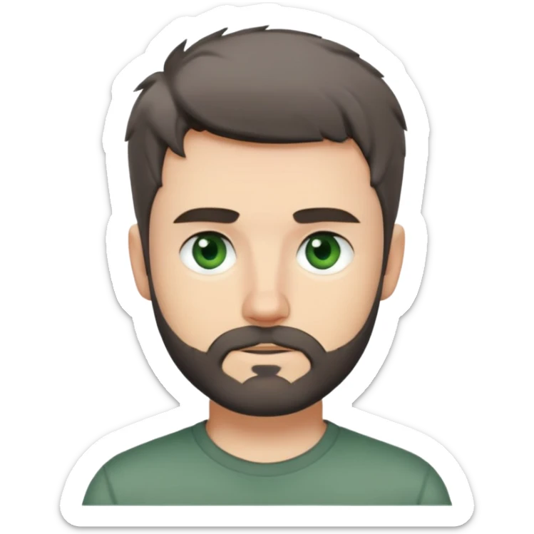 white man with dark messy short hair, dark green eyes, gray t-shirt, and short beard sticker