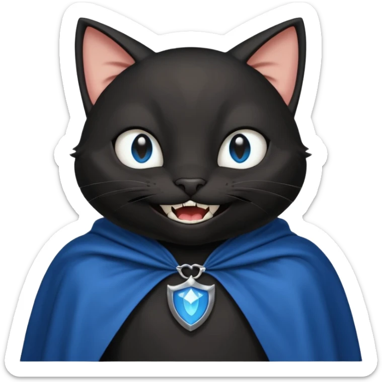 an all black anthropomorphic cat with blue eyes wears an all black cape and is smiling a mischievous sharp tooth grin sticker