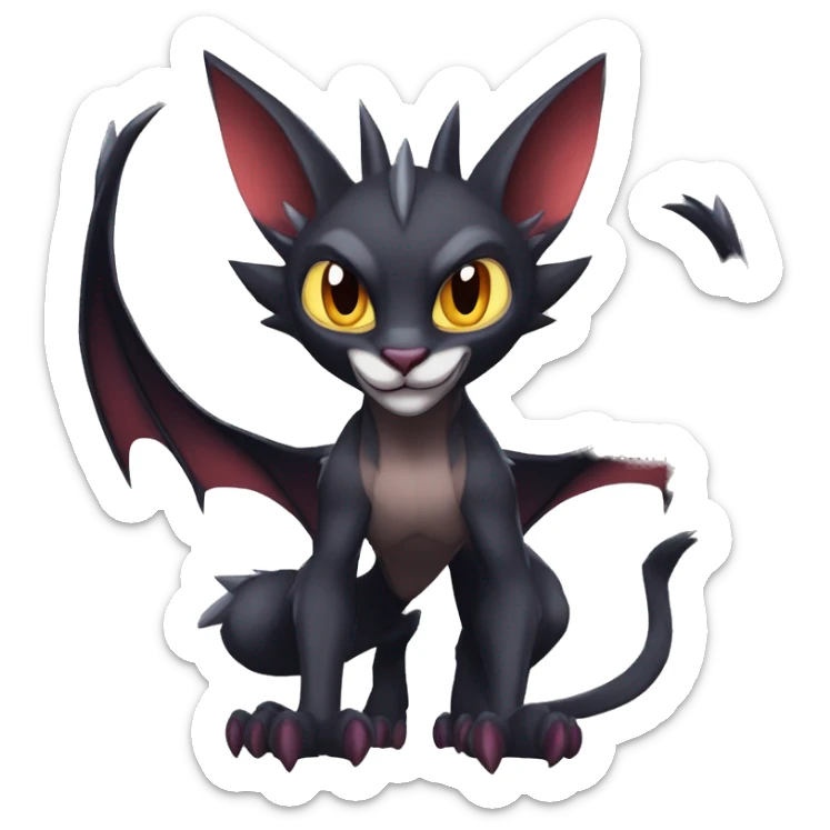 Black cool vampiric Noivern-Litten-Lykoi-Caracal-Fakemon with big bat ears and big fangs full-body sticker