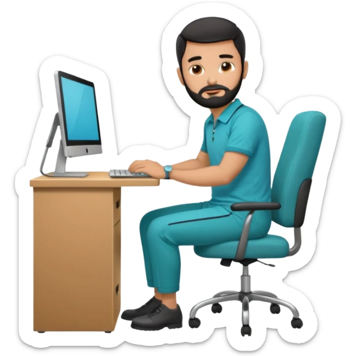 man with black short male hair and black hair and beard and hes in a office with his grey backpack on the floor and he has a tourquose polo shrit with gre dress pants and hes working at a hotel  hes on the co,ptuer  at his desk and he inly has one backpack its on the floo sticker