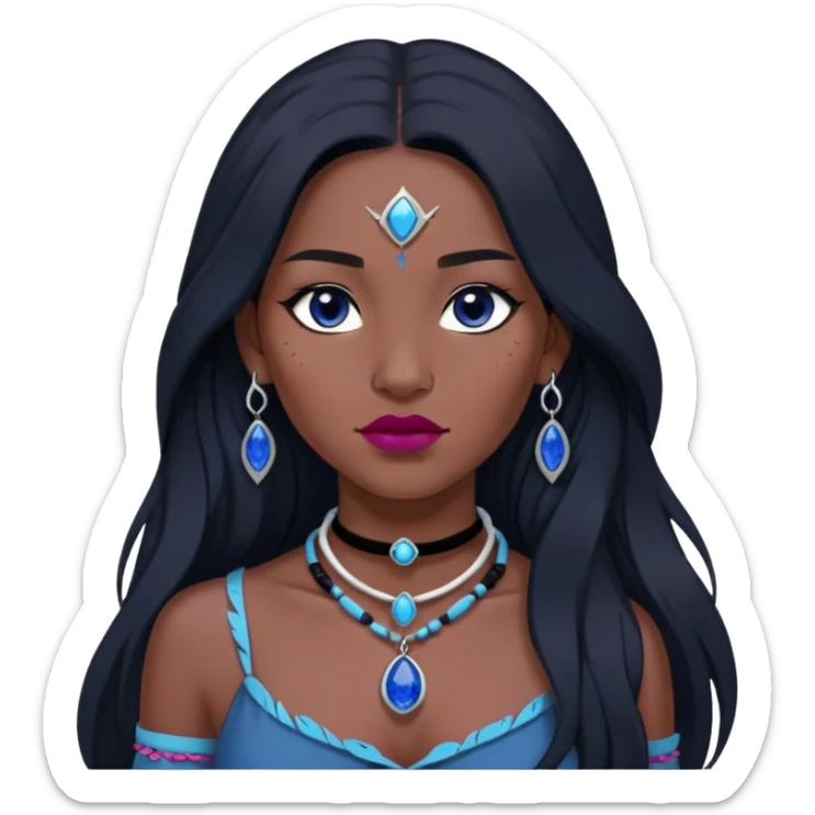 woman katara native american dark skin freckles dark black long hair reddish pink lipstick choker necklace with sapphire pendant sticker