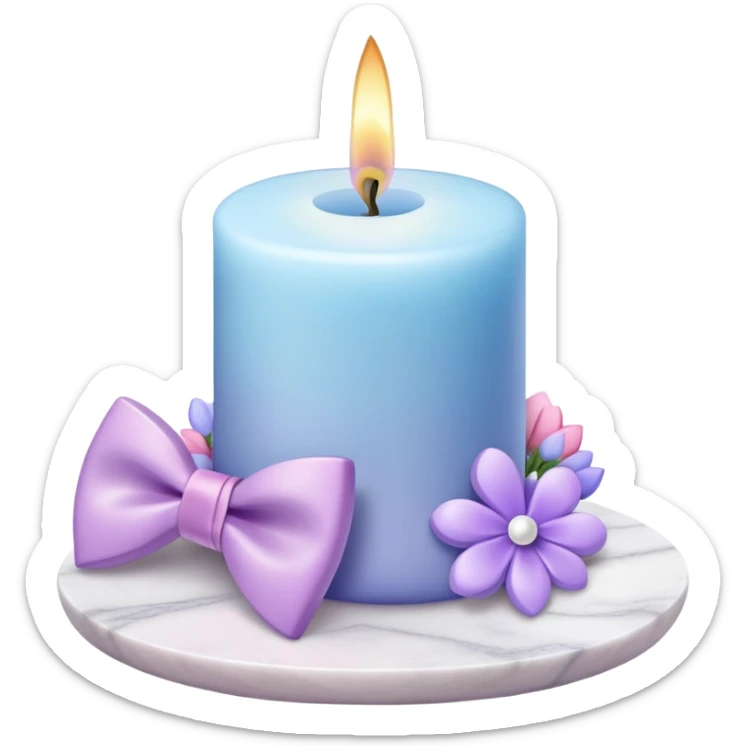 Purple candle on a white marble-candle-holder-stand, flowers, bow tie, light-blue, pink, white, pastel purple, aesthetic sticker