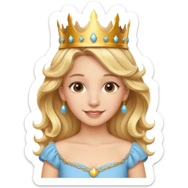 Cheerful blonde princess with wavy hair and light blue dress, wearing crown sticker