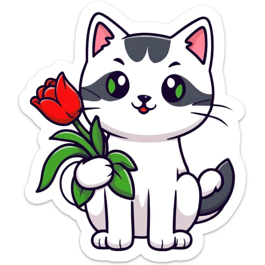 tricolor fluffy cat with big green eyes holding red tulips in her arms sticker
