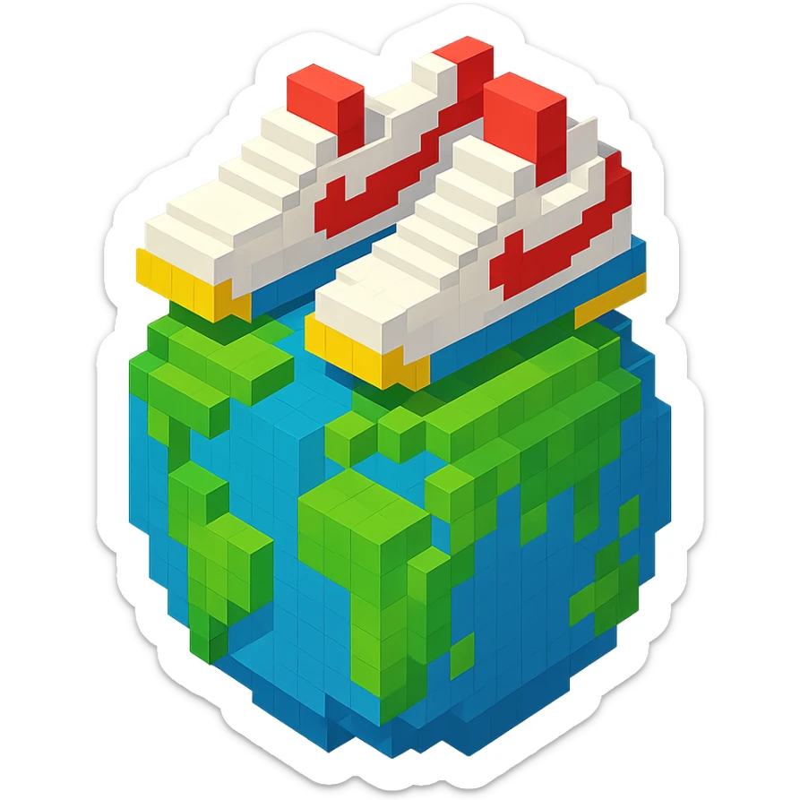 isometric view of Earth globe with a pair of Nike Cortez sneakers walking on top, voxel style sticker