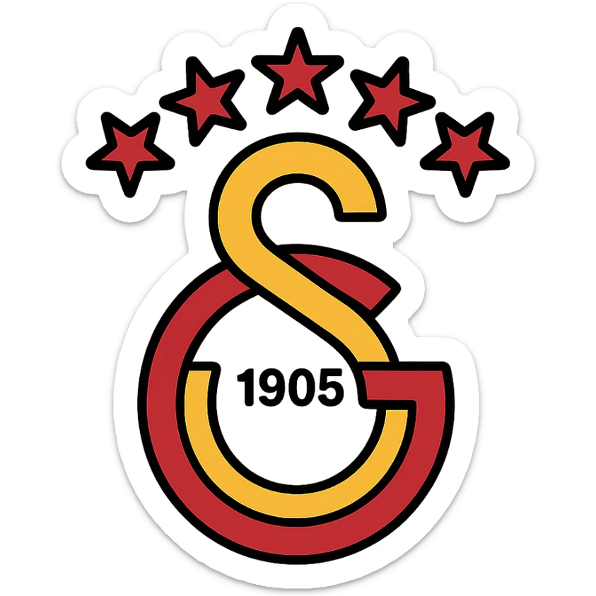 Galatasaray football club emblem with 5 stars on top, yellow and red colors, vector and simple appearance, no background sticker