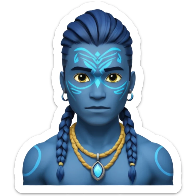 avatar-style Na’vi male portrait, head and shoulders only, blue skin, bioluminescent markings, strong face features, braided hair, tribal necklace, heroic expression, 3D cartoon, mobile game icon style, clean background, no text, no watermark
 sticker