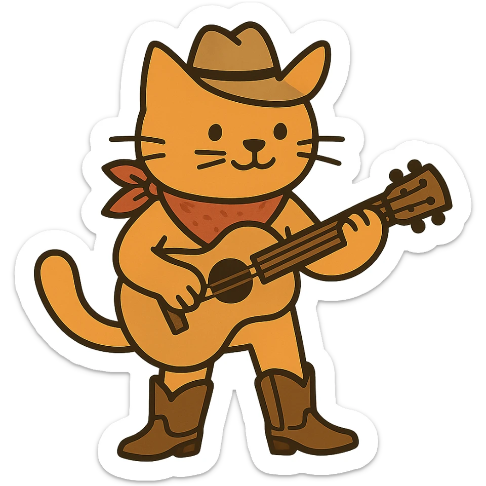 flat toon orange cowboy cat strumming an acoustic guitar, wearing cowboy boots and a bandana sticker