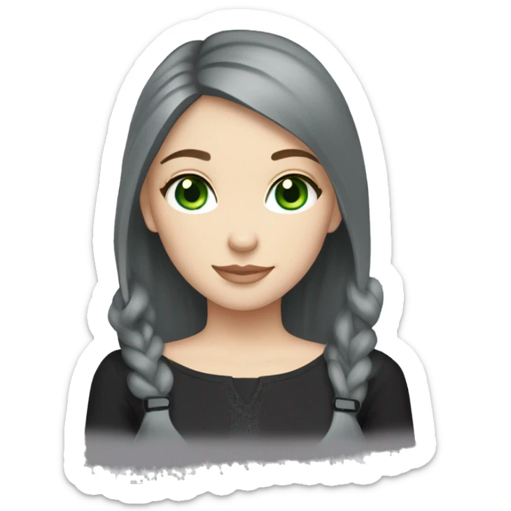 girl with brown hair and blue eyes wearing black and holding grey fat Russian blue cat with green eyes  sticker
