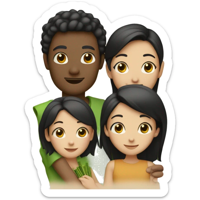 With white skin and black hair and happy face, three people: mom, dad, daughter holding bamboo sticker