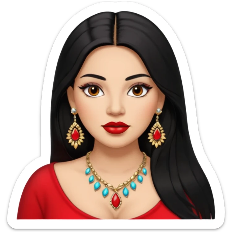 Mexican Light skin brown eyes glamorous full figured women black long straight hair red lips necklace and earrings long lashes sticker