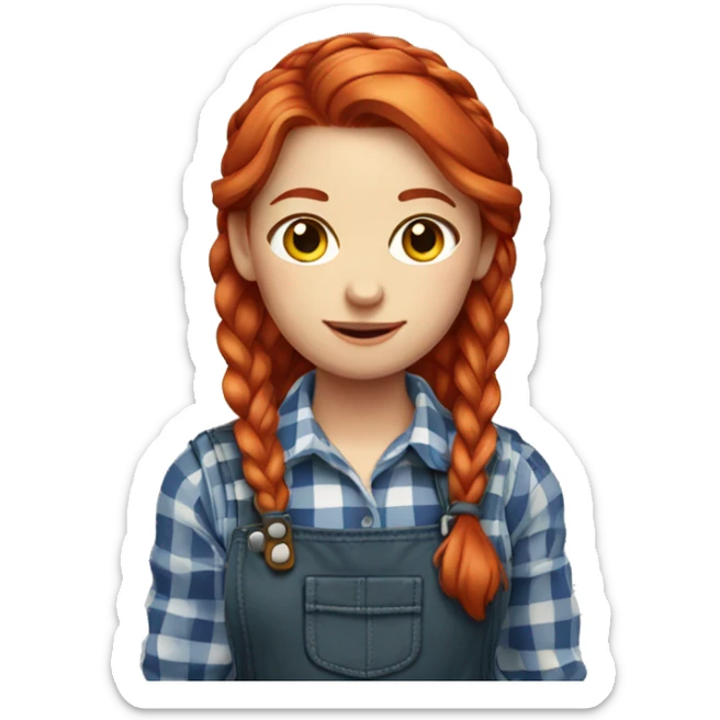 Farmer girl, red hair with braid, and plaid shirt and overalls  sticker