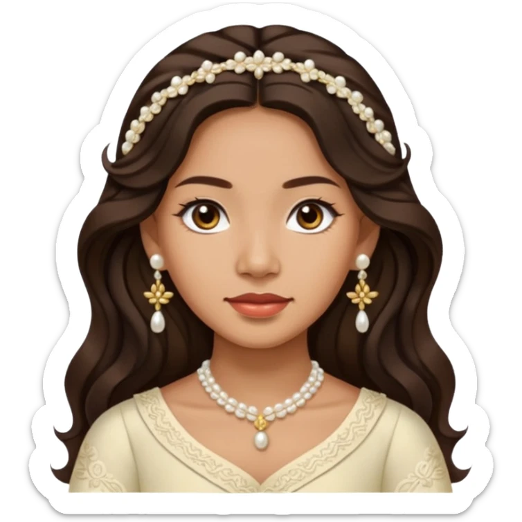 Tan Filipino woman with dark brown eyes and long dark wavy hair parted in the middle wearing a traditional filipiniana and white pearl stud earrings and no other jewelry sticker