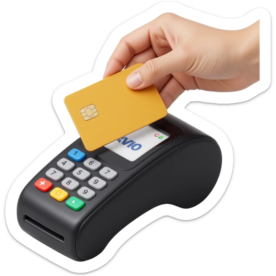 shiny credit card being tapped on a POS terminal, skeuomorphism style, detailed, high quality sticker