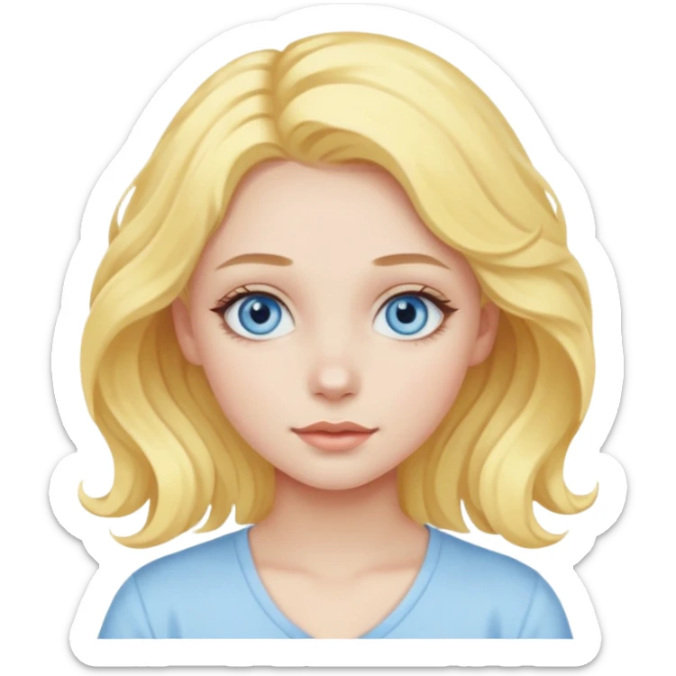 a girl with blue eyes, pastel yellow wavy hair, clean girl makeup sticker