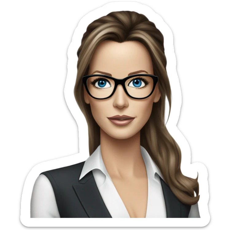 Hyper Realistic photo Kate Beckinsale blue eyes wearing glasses in a business meeting high fashion  sticker