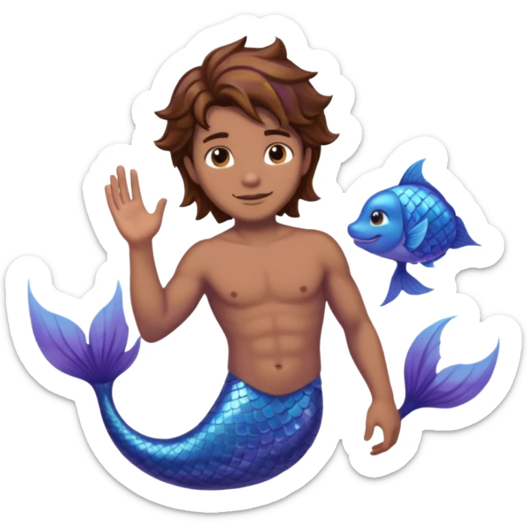 merman with brown hair brown eyes and medium to dark skin tone with a blueish purple tail sticker
