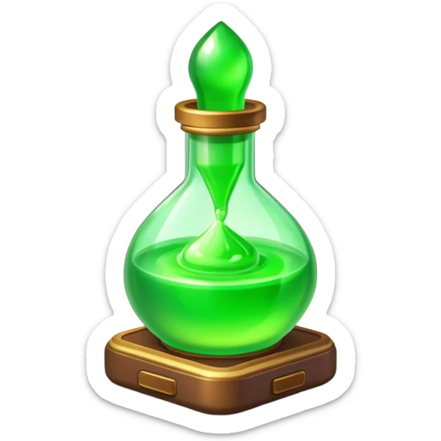 Clash of Clans aesthetic: Cinematic Playful Pixel 3D green health Potion Emoji, rendered in a 3D vector-style similar to standard emojis with minimal shading and bold, simplified shapes. A compact, distinct form with signature details, softly glowing with a pixelated adventure charm. Simplified yet unmistakably iconic, highly detailed and consistent, glowing with a soft radiance and high shine. Stylized with a touch of classic pixel-art charm and a soft glowing outline, capturing the essence of a beloved gaming relic with a friendly, playful manner! sticker