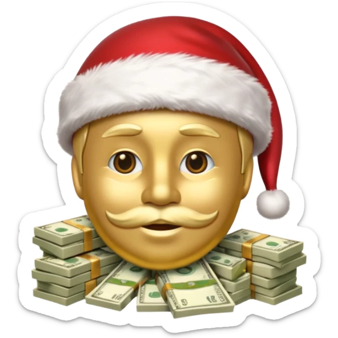 A confident rich emoji face wearing a Santa hat, money stacks, casino vibe, New Year theme, premium 3D emoji style, sharp details, no text, isolated on transparent background sticker
