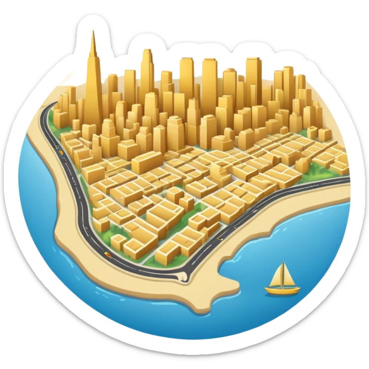 Make an outline of the city of san fransico on a map . I need this to be yellow/gold colour and I need it to be 2D sticker
