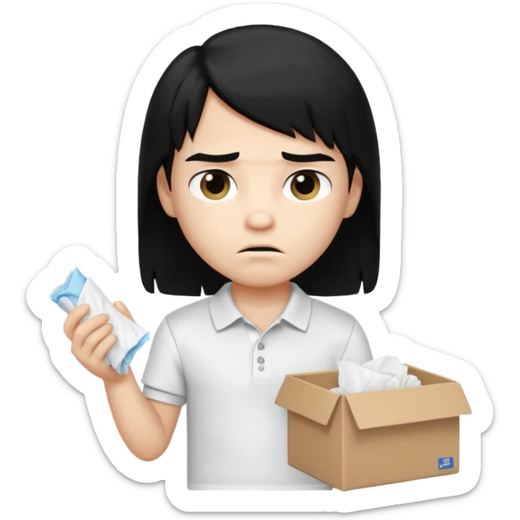 generate a pretty bratz boy with long black hair, wearing a white polo shirt. Looking sad, holding a box of tissues in right hand sticker
